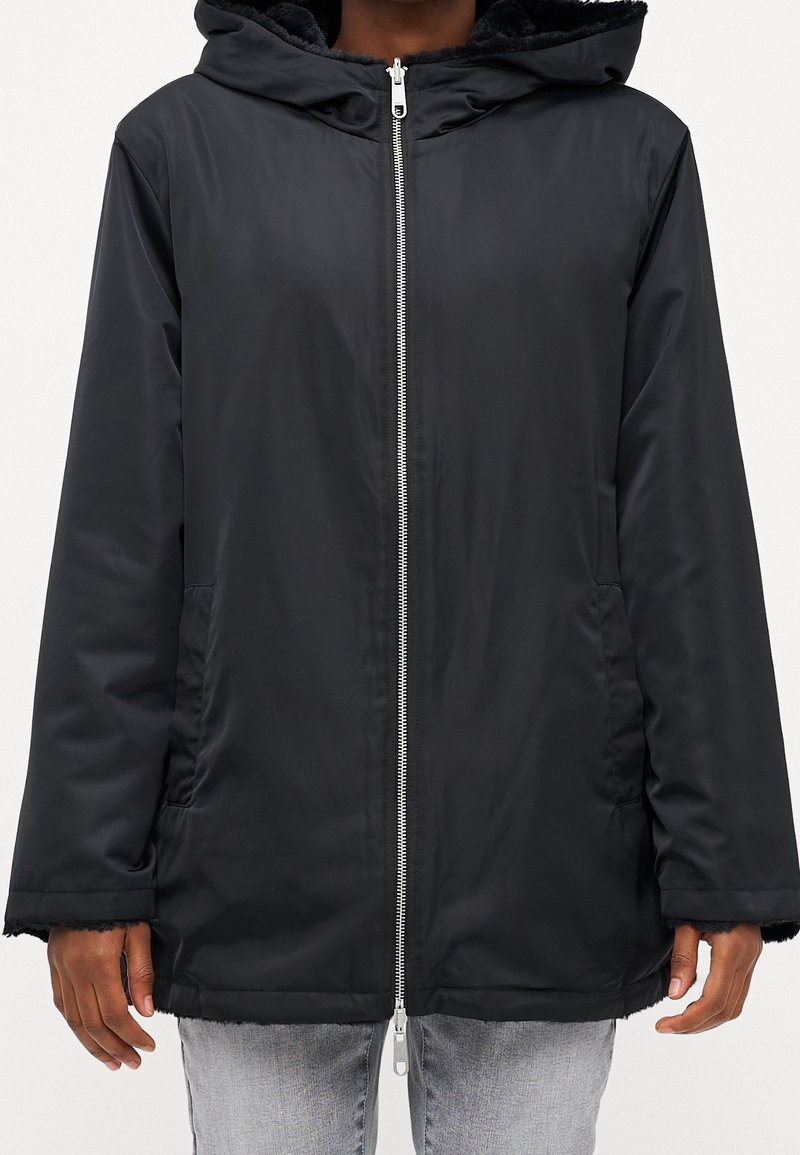 Black hooded coat with a full front zipper, fleece lining, and side pockets; features a smooth outer texture and long sleeves.