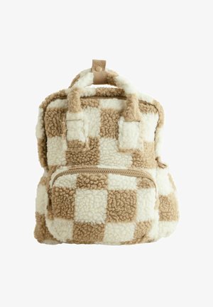 Patikrinta kuprinė, pagaminta iš purios grietinėlės ir smėlio spalvos medžiagos. Yra dvi viršutinės rankenos, priekinė užtrauktuko kišenė ir švelni tekstūra.