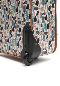 Hard-shell suitcase with a colorful floral and leaf pattern. Features black wheels and a brown zipper trim. Sturdy black base design.