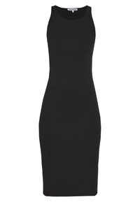 Black sleeveless dress, fitted design, knee-length, made of smooth fabric with a plain texture, no visible patterns or accents.