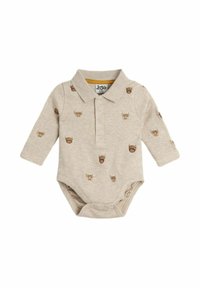 Béžový body s dlouhým rukávem a límečkem polo, zdobený malými hnědými designy zvířat. Měkký bavlněný materiál se zacvakávacími uzávěry na dně.