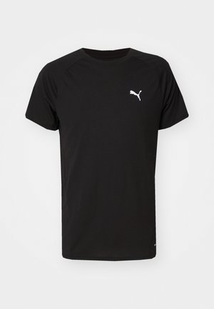 Black short-sleeve athletic t-shirt made of lightweight fabric, featuring a white Puma logo on the chest and a round neckline.