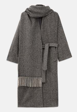 Herringbone-patterned gray wrap coat with wide sleeves, a tied waist, and matching scarf featuring fringe detailing at the end.