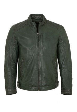 Dunkelgrüne Lederjacke mit Frontreißverschluss, zwei seitlichen Reißverschlusstaschen, einer vertikalen Brusttasche und einem Stehkragen.
