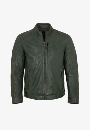 Dunkelgrüne Lederjacke mit Frontreißverschluss, zwei seitlichen Reißverschlusstaschen, einer vertikalen Brusttasche und einem Stehkragen.