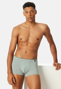 Boxers de couleur vert clair avec de fines rayures blanches. Tissu doux avec une ceinture confortable et un design de poche avant qui apporte un bon maintien.