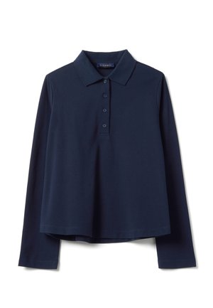 Navy long-sleeve polo shirt made of cotton. Features a classic collar, five-button placket, and a relaxed fit with a straight hem.