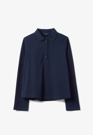 Marineblaues Polohemd mit langen Ärmeln aus Baumwolle. Es verfügt über einen klassischen Kragen, eine fünffache Knopfleiste und eine lockere Passform mit geradem Saum.