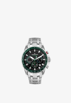 Chronograf armbåndsur med sort urskive, grøn tachymeter ramme, tre underskiver, datovisning og sølv metalledsrem.