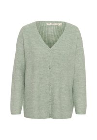 Cardigan vert clair avec décolleté en V, texture côtelée, manches longues et cinq boutons sur le devant. Matière douce et coupe décontractée.