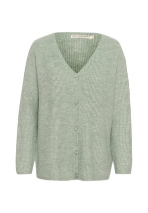 Cardigan verde chiaro con scollatura a V, texture a coste, maniche lunghe e cinque bottoni nella parte anteriore. Materiale morbido e vestibilità comoda.