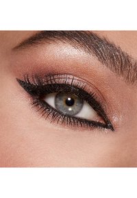 Gros plan sur un œil avec un eyeliner prononcé, des cils volumineux et un léger scintillement sur la paupière ; l'iris présente des nuances de gris et de vert.