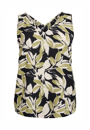 Floral print top featuring a black base with green and white leaf patterns, sleeveless design, and a V-neckline made from lightweight fabric.