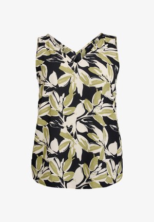 Lillelise lillede mustriga topp, millel on must alus ja rohelised ja valged lehemustrid, ilma varrukateta, V-kaelusega ning valmistatud kergest kangast.