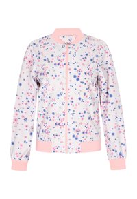 Floral bomberjack met een lichtgewicht stof met roze, blauwe en witte bloemenpatronen. Ritsluiting en roze ribgebreide manchet- en onderrand.