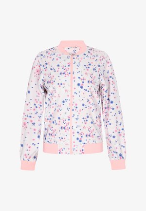 Ziedu bomber jaka ar vieglu audumu, rotāta ar rozā, zilu un baltu ziedu rakstiem. Ar rāvējslēdzēja aizdari un rozā ribu aprocēm un apakšmalu.