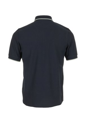 Donkerblauw poloshirt met korte mouwen en lichtgrijze biezen op de kraag en manchetten, van achteren getoond tegen een effen achtergrond.