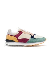 Multikleuren sneaker met een combinatie van suède en mesh materialen. Het ontwerp bevat tinten van crème, bordeauxrood, groen en marineblauw accenten.