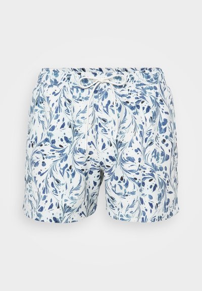 Calções de banho com uma base branca, apresentando um padrão floral azul. Cintura elástica com cordão, comprimento curto e tecido leve.