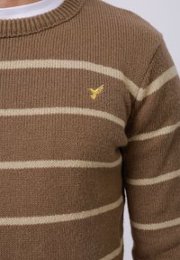 Bruin gebreid trui met brede crème strepen, ronde halslijn en een klein geel vogel logo op de linkerkant van de borst. Zachte textuur.