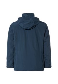 Navy blue waterproof jacket with a hood. Features long sleeves, a straight cut, and minimalistic design. Smooth texture with no visible patterns.
