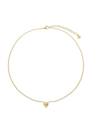 Collier délicat en chaîne d'or avec un petit pendentif en forme de cœur texturé et une fermeture à pince réglable sur fond blanc.