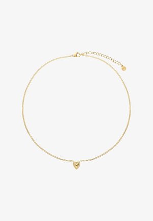 Collier délicat en chaîne d'or avec un petit pendentif en forme de cœur texturé et une fermeture à pince réglable sur fond blanc.