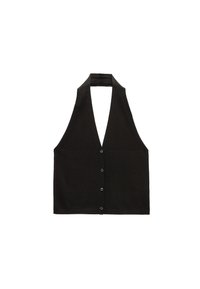 Czarna bezrękawnik z głębokim dekoltem w kształcie litery V, z guzikami z przodu oraz halterowym krojem. Wykonana z miękkiego, teksturowanego materiału.