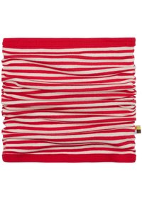 Scaldacollo a righe rosse e bianche realizzato in cotone elasticizzato, con una texture arricciata e bordo rosso sui lati superiore e inferiore.
