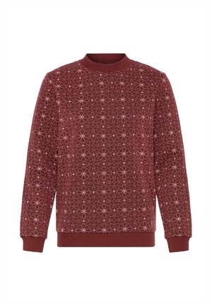 Burgundylila sweatshirt med ett geometriskt vitt stjärnmönster. Ribbad rund halsringning och ärmslut. Mjuk textur och avslappnad passform.