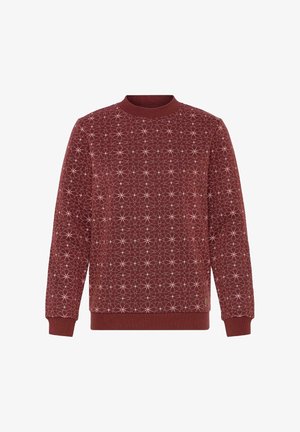 Burgundy sweatshirt with a geometric white star pattern. Ribbed crew neckline and cuffs. Soft texture and relaxed fit.