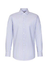Koszula z długim rękawem w jasnoniebieskie i białe paski, wykonana z gładkiej bawełny, z kołnierzykiem na guziki i zapięciem na guziki na przodzie.