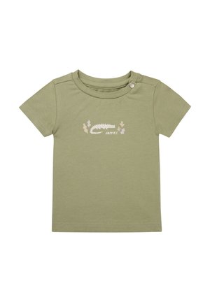 Olive green short-sleeved t-shirt made of soft cotton, featuring a crocodile graphic and 'Noppies' text, with a snap button on the shoulder.