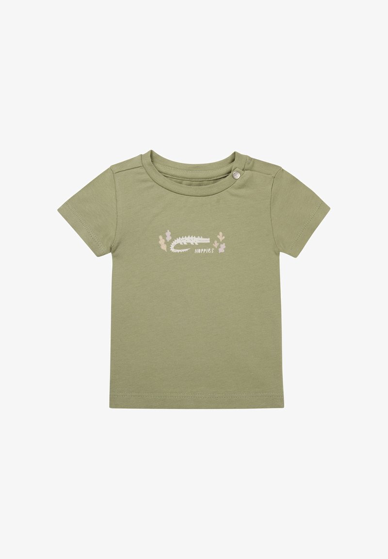 Oliwkowa koszulka z krótkim rękawem, wykonana z miękkiej bawełny, z grafiką krokodyla oraz napisem 'Noppies', z zatrzaskiem na ramieniu.