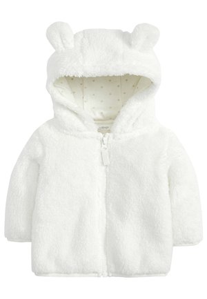 Veste bébé blanche et moelleuse avec capuche ornée de petites oreilles d'ours et doublure à motif d'étoiles, fermeture éclair à l'avant.