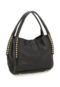 Borsa a mano in pelle nera con doppio manico, decorata con file di piccoli chiodini dorati lungo i lati e punte dorate nella parte inferiore.