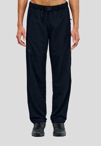 Czarne lekkie spodnie z elastycznym pasem i regulowanym paskiem. Posiadają boczne kieszenie oraz teksturowane wykończenie, idealne do aktywności na świeżym powietrzu.