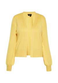 Cardigan tricotat galben, cu o textură canelată, cu deschidere frontală și mâneci lungi tip puff. Designul scurt evidențiază un material moale și ușor.