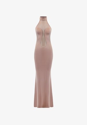 Long, sleeveless mauve dress with high neckline and sheer panels around the neck and chest, featuring a central keyhole cutout.