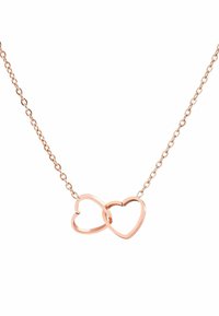 Halsband i roséguld med hjärtan som är sammanlänkade och sitter på en delikat metallkedja. Slät metallisk yta med en polerad finish.