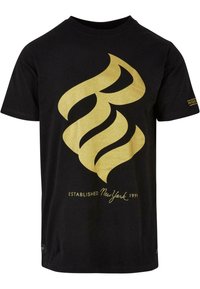 Black cotton t-shirt with a large gold metallic graphic design and text "ESTABLISHED New York 1991" near the bottom. Short sleeves.