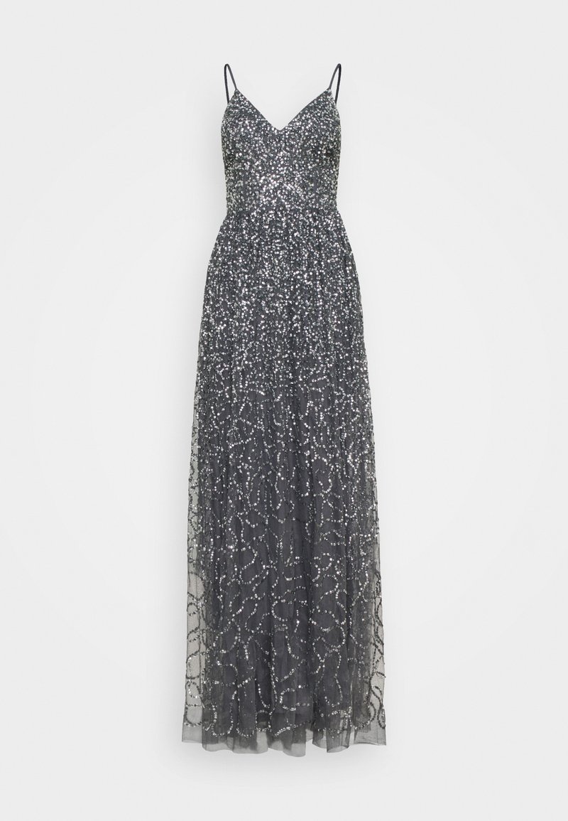 Robe de soirée longue gris foncé avec fines bretelles, encolure en V, et motifs pailletés argentés sur toute la surface.