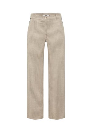 Pantaloni beige a gamba dritta con sottili righe verticali nere, chiusura con bottone e cerniera, e passanti per cintura.