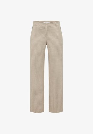 Pantalon beige à jambes droites avec fines rayures verticales noires, fermeture par bouton et fermeture éclair, et passants pour ceinture.