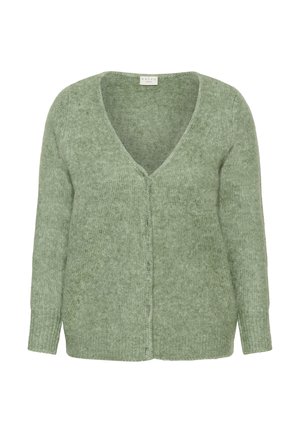 Groene, zachte gebreide cardigan met een V-hals, lange mouwen en een knoopsluiting aan de voorkant. Heeft geribde manchetten en zoom, voor een ontspannen pasvorm.