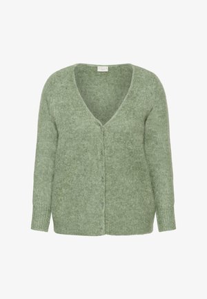 Groene, zachte gebreide cardigan met een V-hals, lange mouwen en een knoopsluiting aan de voorkant. Heeft geribde manchetten en zoom, voor een ontspannen pasvorm.