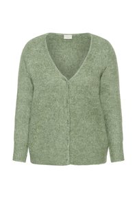 Cardigan verde, tricot moale, cu decolteu în V, mâneci lungi și nasturi pe partea din față. Dispune de manșete și tiv striați, conferind un fit lejer.