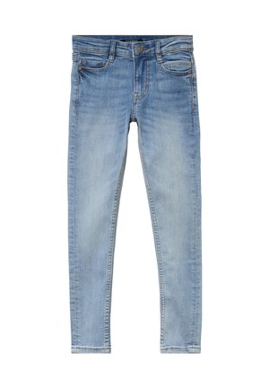 Hellblaue Slim-Fit-Jeans aus Denim mit Vordertaschen, Gürtelschlaufen und Knopfverschluss.