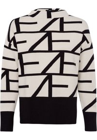 Zwart-witte trui met gedurfde geometrische patronen. Gemaakt van zacht, gestructureerd stof; heeft een ronde halslijn en geribbelde manchetten.