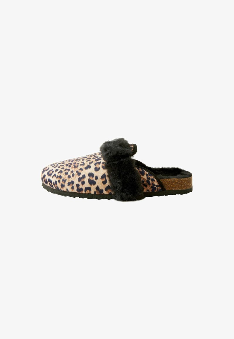 Leopard print slipper with black faux fur trim, cork sole, and textured rubber outsole. Closed back design for comfort and warmth.